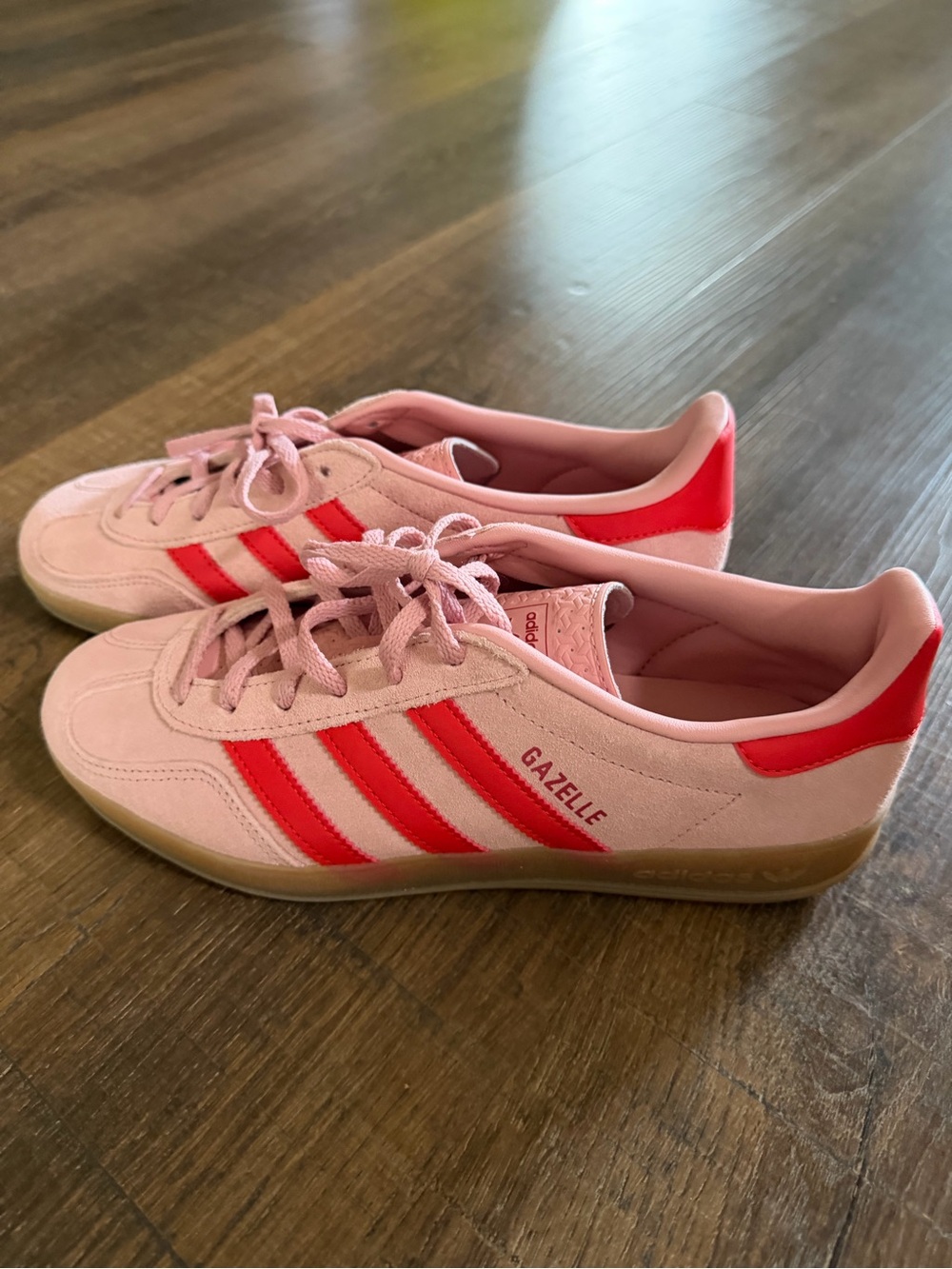 Adidas Gazelle Pink Suede Sneakers with Red Stripes